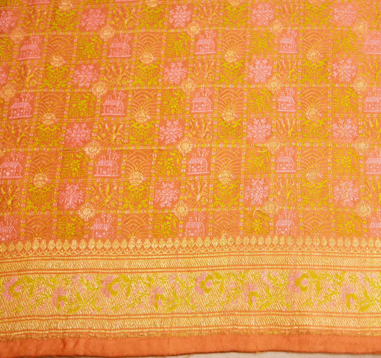 Indian Vintage Sari Heavy Wedding Pure Satin Silk Peach Woven Banarasi Brocade Saree Zari 5Yard