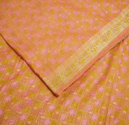 Indian Vintage Sari Heavy Wedding Pure Satin Silk Peach Woven Banarasi Brocade Saree Zari 5Yard