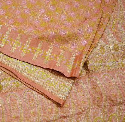 Indian Vintage Sari Heavy Wedding Pure Satin Silk Peach Woven Banarasi Brocade Saree Zari 5Yard