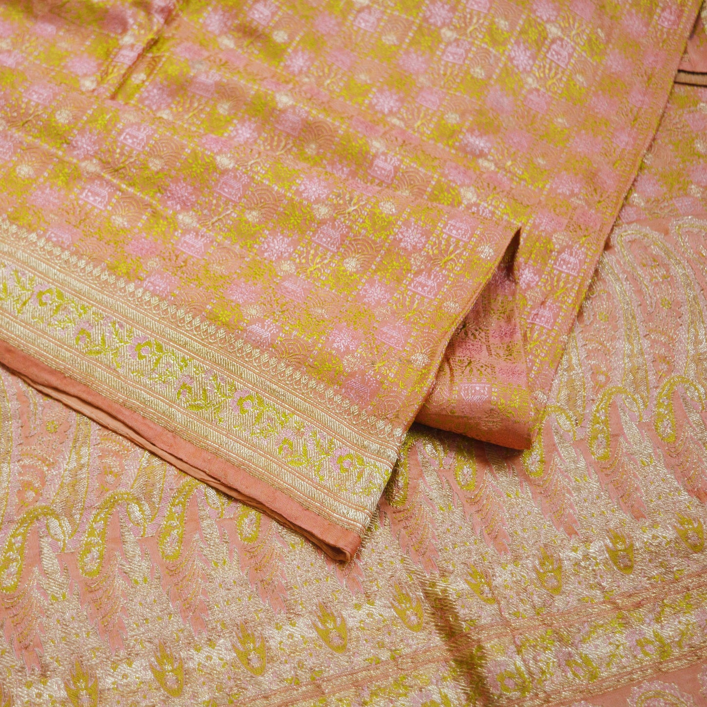 Indian Vintage Sari Heavy Wedding Pure Satin Silk Peach Woven Banarasi Brocade Saree Zari 5Yard