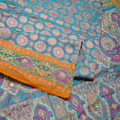 Vintage Sari Blue Heavy Wedding Pure Satin Silk Hand Embroidered Banarsi Brocade Saree Zari/Zardozi/Dabka 5Yd