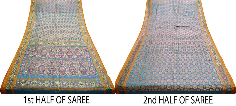 Vintage Sari Blue Heavy Wedding Pure Satin Silk Hand Embroidered Banarsi Brocade Saree Zari/Zardozi/Dabka 5Yd