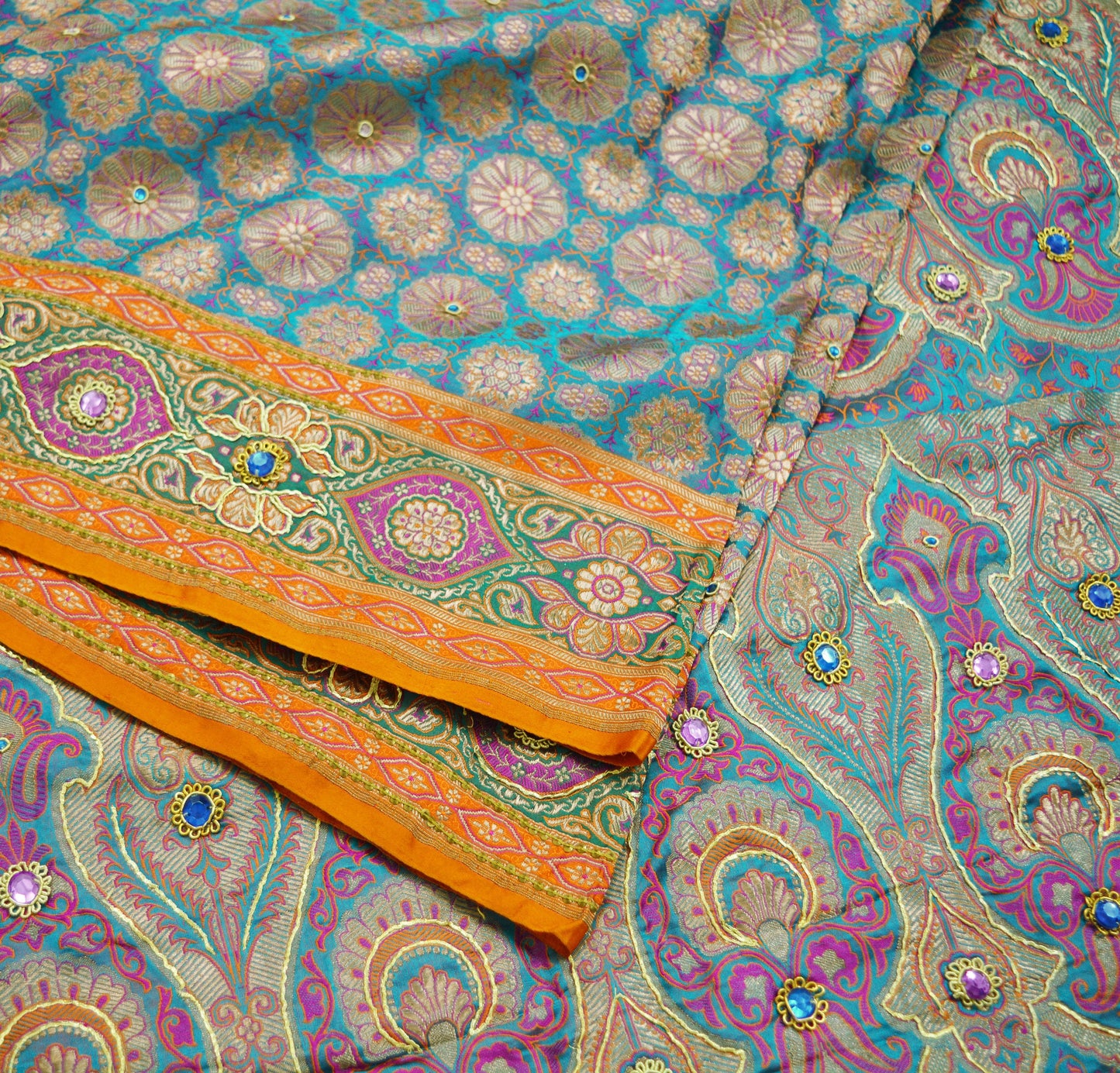 Vintage Sari Blue Heavy Wedding Pure Satin Silk Hand Embroidered Banarsi Brocade Saree Zari/Zardozi/Dabka 5Yd