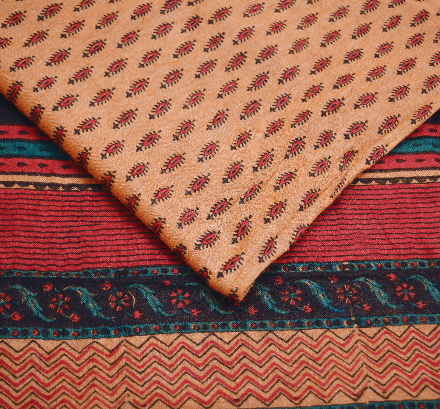 Vintage Peach Heavy Saree Pure Woolen Woven Printed Indian Sari Soft Warm Fabric 5Yard Floral Woven Border