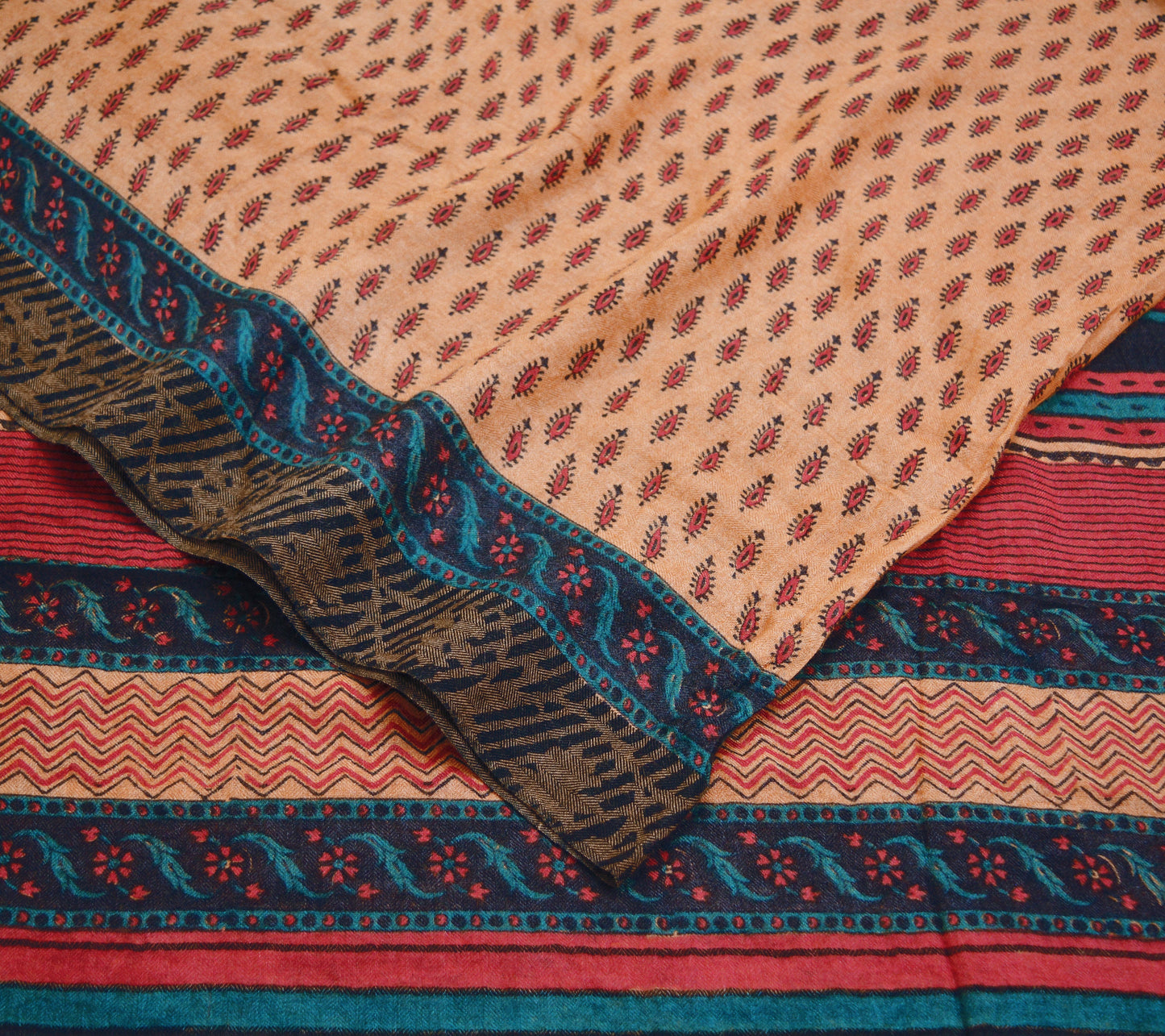 Vintage Peach Heavy Saree Pure Woolen Woven Printed Indian Sari Soft Warm Fabric 5Yard Floral Woven Border