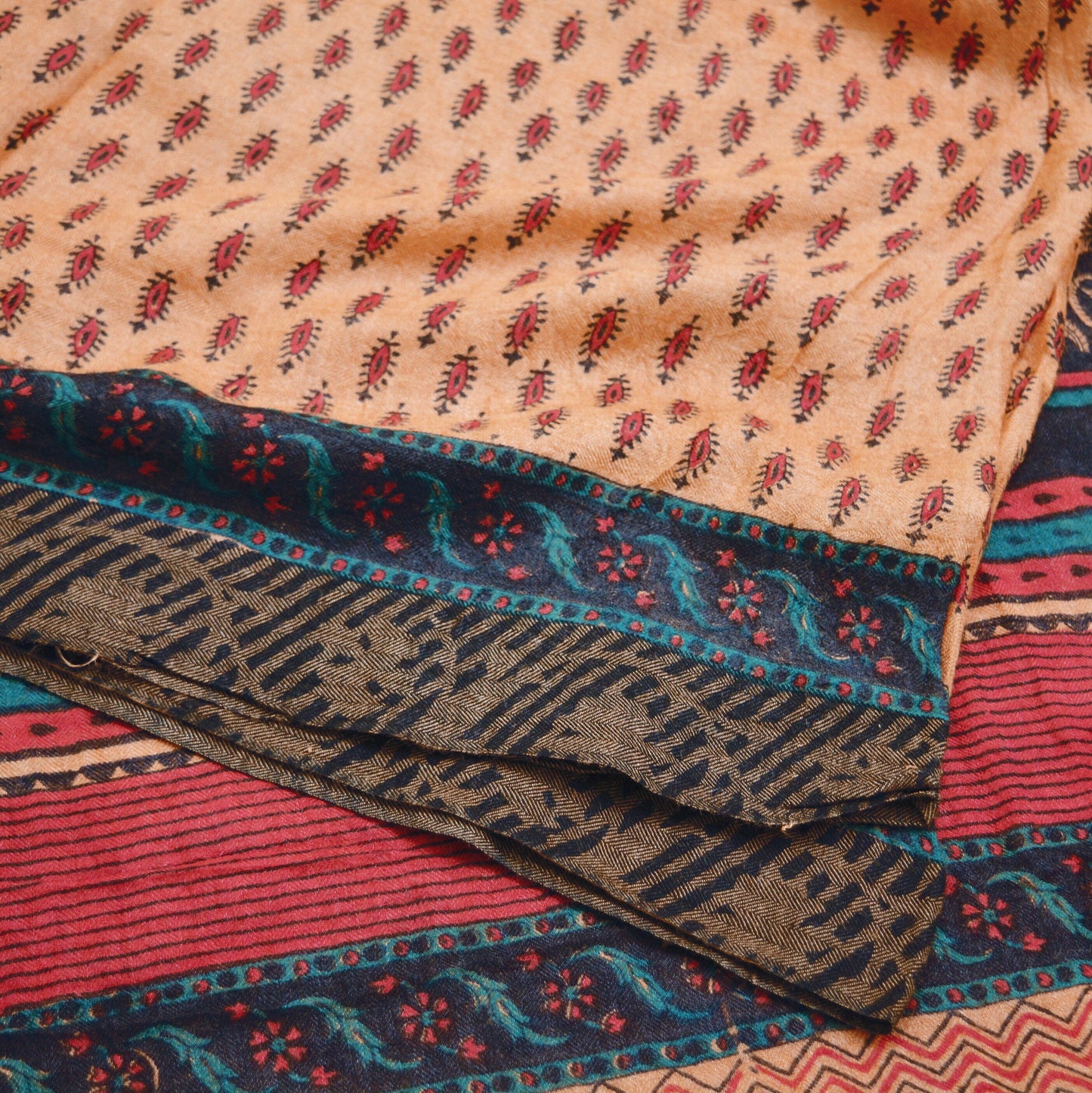 Vintage Peach Heavy Saree Pure Woolen Woven Printed Indian Sari Soft Warm Fabric 5Yard Floral Woven Border