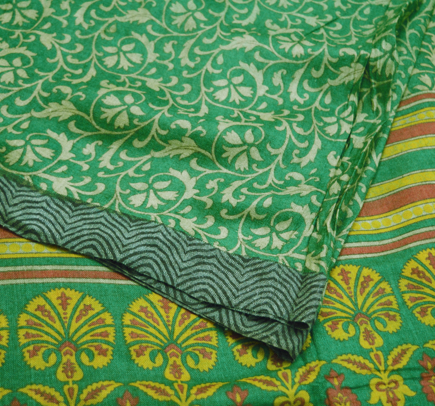 Vintage Green Heavy Saree Pure Woolen Woven Printed Indian Sari Soft Warm Fabric 5Yard Floral Woven Border