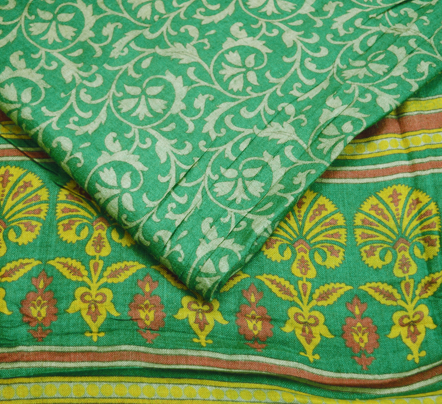 Vintage Green Heavy Saree Pure Woolen Woven Printed Indian Sari Soft Warm Fabric 5Yard Floral Woven Border