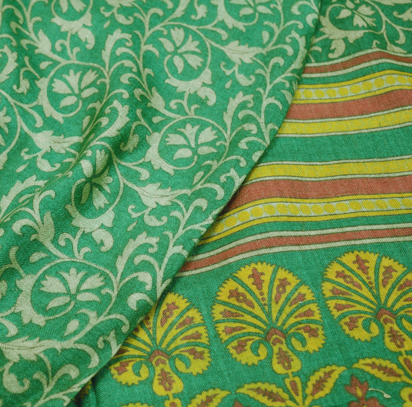 Vintage Green Heavy Saree Pure Woolen Woven Printed Indian Sari Soft Warm Fabric 5Yard Floral Woven Border