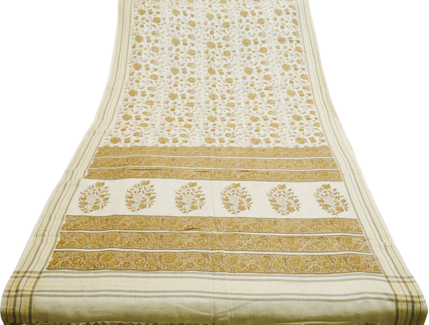 Vintage Beige Heavy Saree Pure Woolen Woven Printed Indian Sari Soft Warm Fabric 5Yard Floral Woven Border Fringes