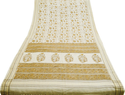 Vintage Beige Heavy Saree Pure Woolen Woven Printed Indian Sari Soft Warm Fabric 5Yard Floral Woven Border Fringes