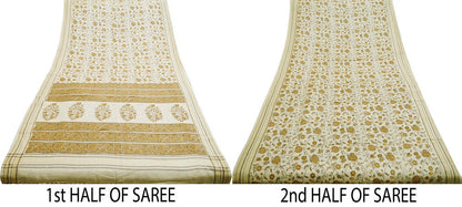 Vintage Beige Heavy Saree Pure Woolen Woven Printed Indian Sari Soft Warm Fabric 5Yard Floral Woven Border Fringes