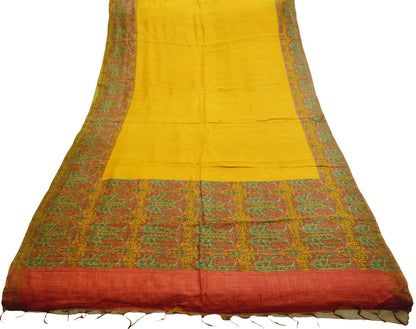 Vintage Saffron Heavy Saree Pure Woolen Woven Printed Indian Sari Soft Warm Fabric 5Yard Floral Fringes On pallu