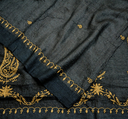 Vintage Black Long Stole Pure Woolen Scarf Hand Embroidered Dupatta Infinity Scarves Sarong Wrap Veil Woman Hijab Shawl