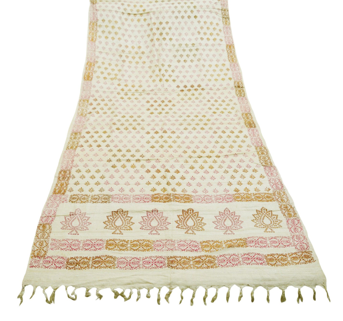 Indian Vintage Ivory Dupatta Long Stole 100% Pure Khadi Silk Hand Woven/ Painted Indian Scarves Veil Scarf Wrap Hippie Fringes