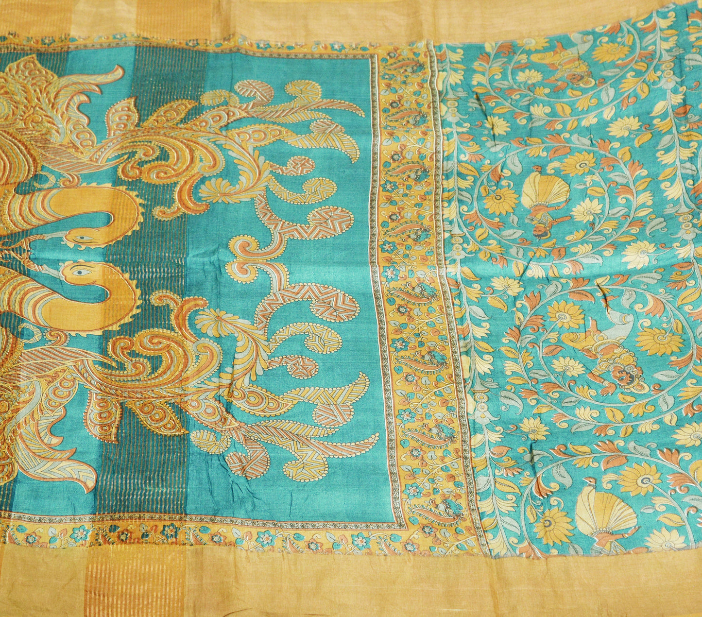 Indian Vintage Green Saree Pure Khadi Silk Handloom Kalamkari Indian Sari Fabric 5yard Ethnic Wear Sari Floral