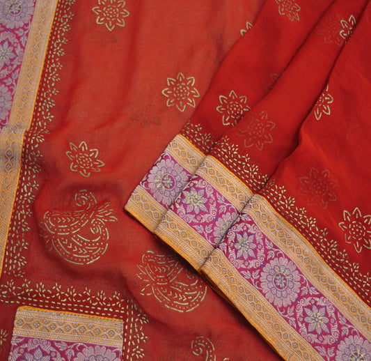 Indian Vintage Red Dupatta Pure Georgette silk Long Stole Hand Painted work Scarves Stole Brocade border