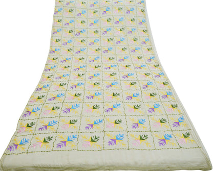 Indian Vintage White Dupatta Long Stole Chiffon Hand Embroidered Bagh Phulkari Stole Scarves Golden lace