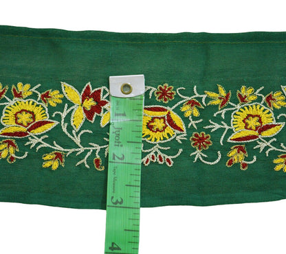 Indian Vintage Green Sari Border Hand Embroidered Indian Craft Trim Lace Sewing Sari Ribbon Pure Crepe silk