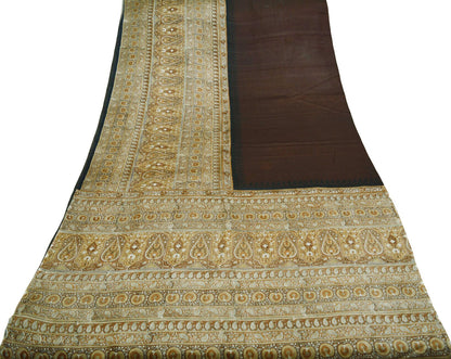 Indian Vintage Sari Brown & Black Pure Silk Printed Saree 5yd Sewing Craft Fabric DressMaking Soft