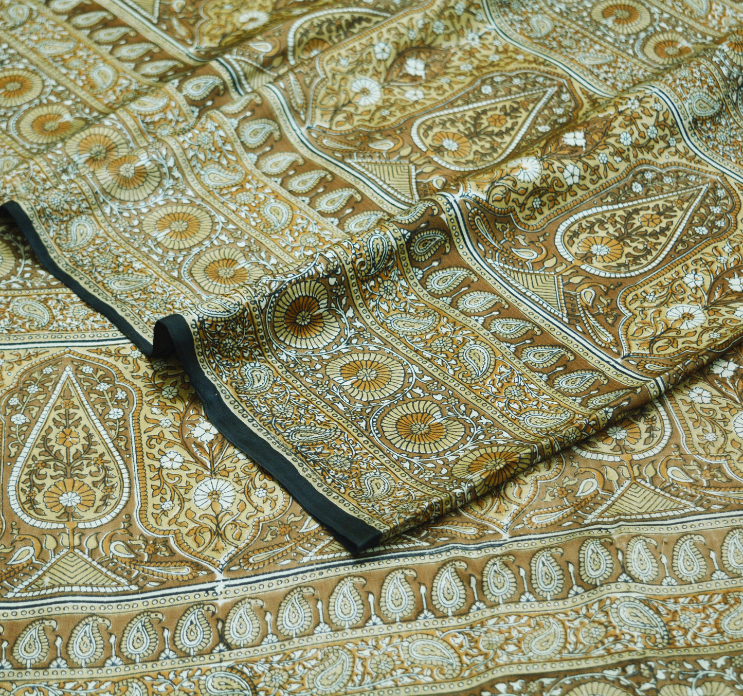 Indian Vintage Sari Brown & Black Pure Silk Printed Saree 5yd Sewing Craft Fabric DressMaking Soft