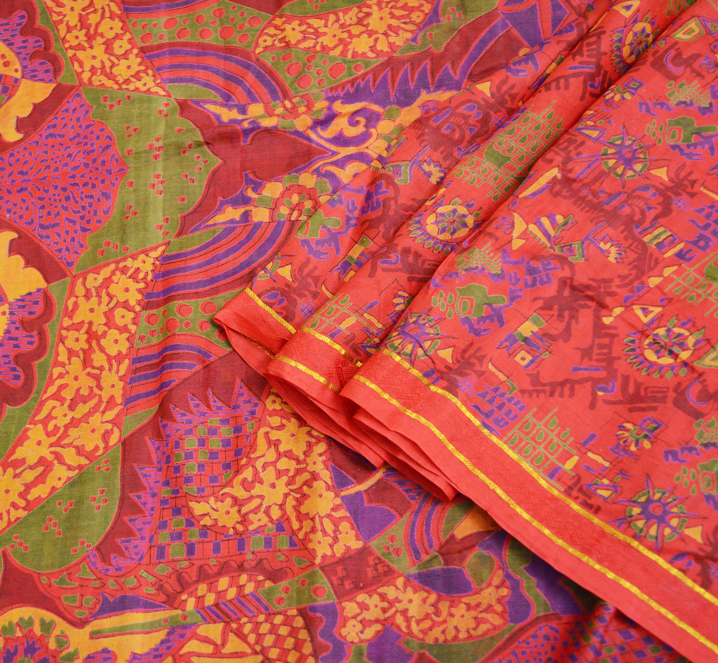 Indian Vintage Sari Red 100% Pure Silk Printed Saree Fabric 6yard Sewing Zari Craft Fabric DressMaking Soft Wrap