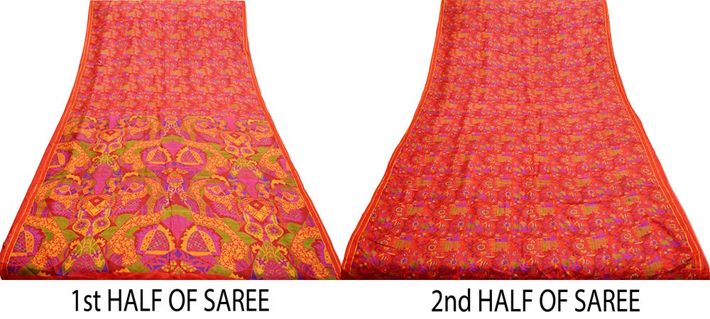 Indian Vintage Sari Red 100% Pure Silk Printed Saree Fabric 6yard Sewing Zari Craft Fabric DressMaking Soft Wrap