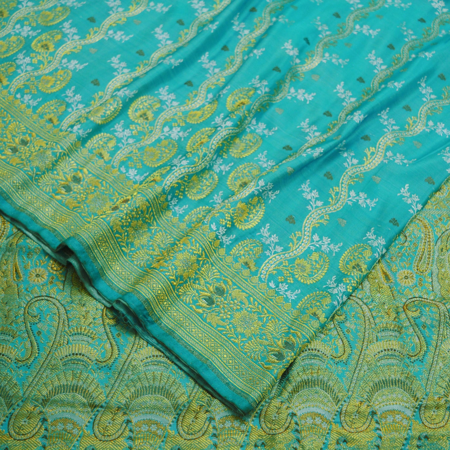 Indian Vintage Sari Heavy Pure Silk Blue Woven Brocade Saree 5Yard Floral Ethnic Soft Silver Zari