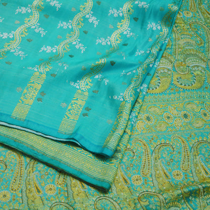 Indian Vintage Sari Heavy Pure Silk Blue Woven Brocade Saree 5Yard Floral Ethnic Soft Silver Zari