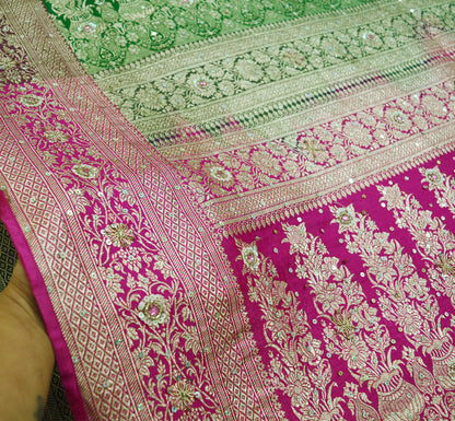 Vintage Sari Heavy Wedding Pure Satin Silk Hand Embroidered Banarsi Brocade Saree Zari/Zardozi/Dabka 5Yd