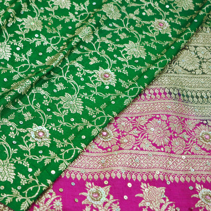 Vintage Sari Heavy Wedding Pure Satin Silk Hand Embroidered Banarsi Brocade Saree Zari/Zardozi/Dabka 5Yd