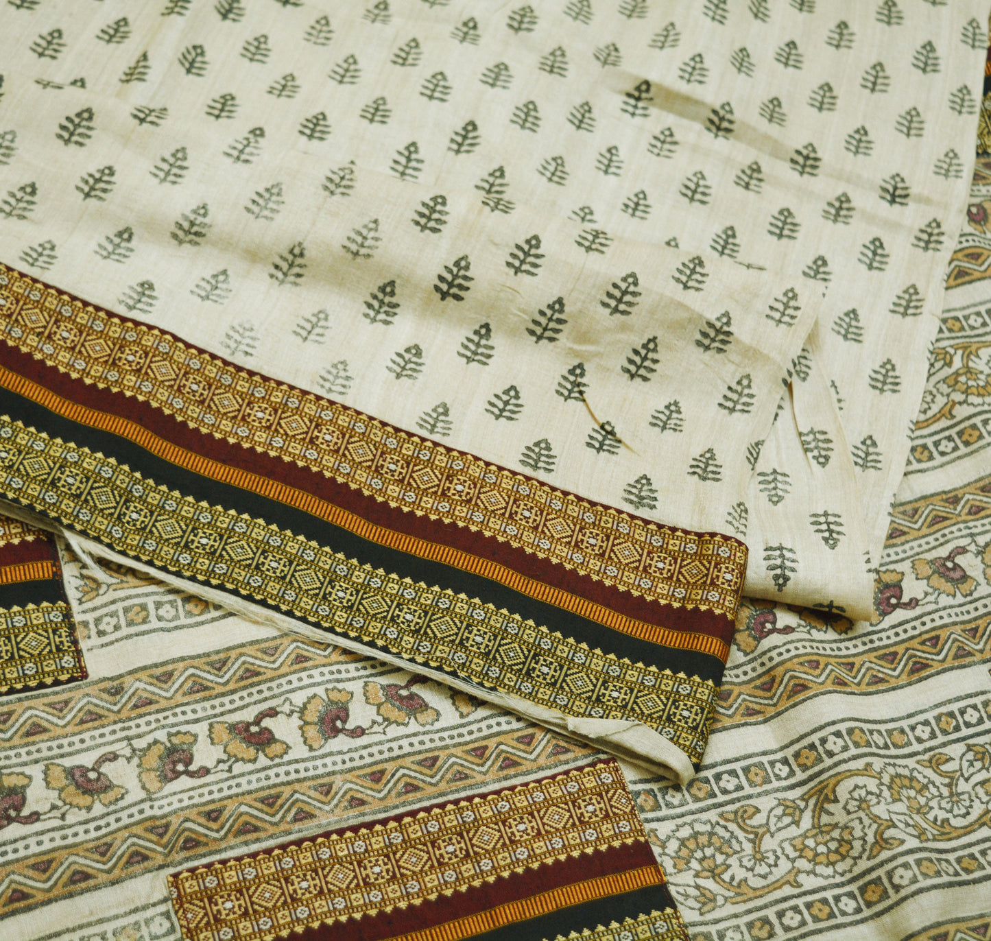 Indian Vintage Beige Saree Pure Khadi Silk Handloom Printed Indian Sari Fabric 6yard Ethnic Wear Floral