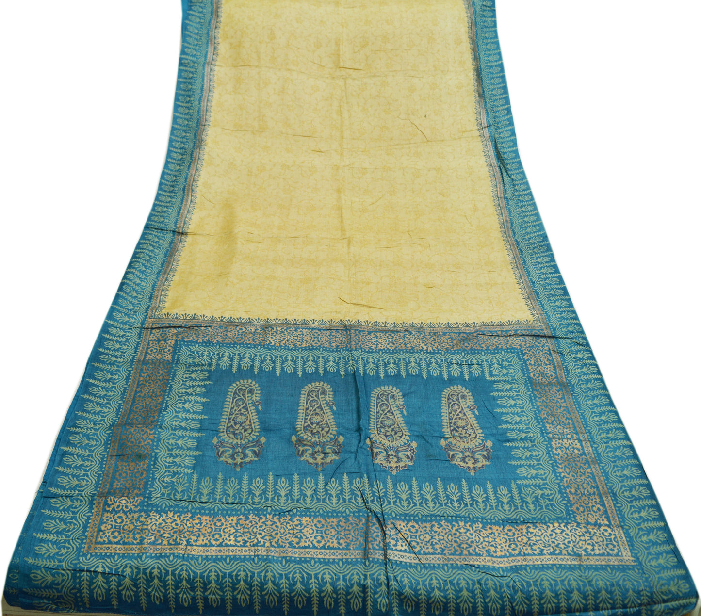 Indian Vintage Blue & beige Saree Pure Khadi Silk Handloom Hand Printed/Printed Indian Sari Fabric 5yard Ethnic Wear Sari