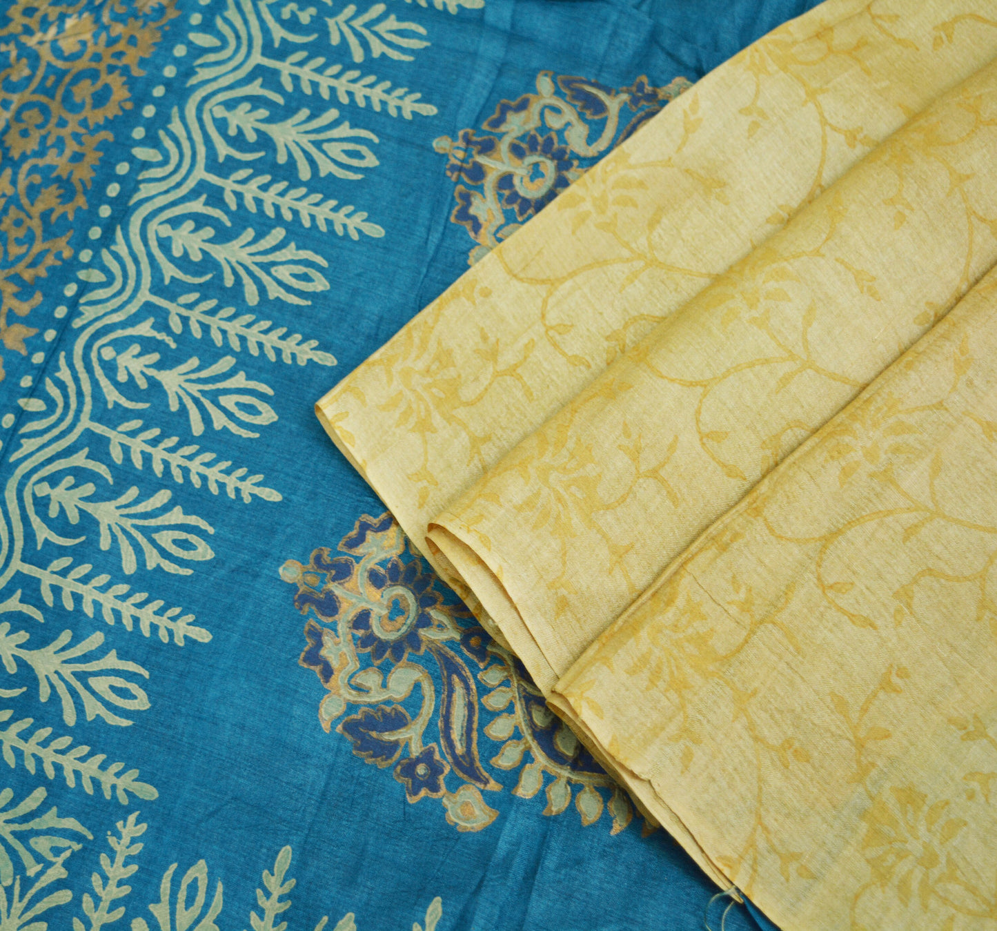 Indian Vintage Blue & beige Saree Pure Khadi Silk Handloom Hand Printed/Printed Indian Sari Fabric 5yard Ethnic Wear Sari