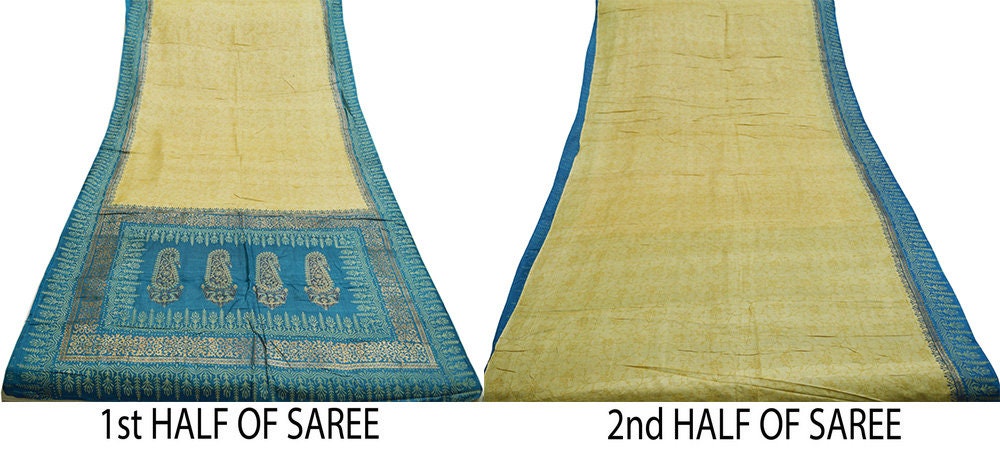 Indian Vintage Blue & beige Saree Pure Khadi Silk Handloom Hand Printed/Printed Indian Sari Fabric 5yard Ethnic Wear Sari