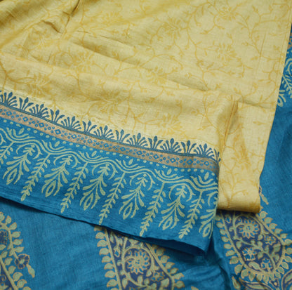 Indian Vintage Blue & beige Saree Pure Khadi Silk Handloom Hand Printed/Printed Indian Sari Fabric 5yard Ethnic Wear Sari