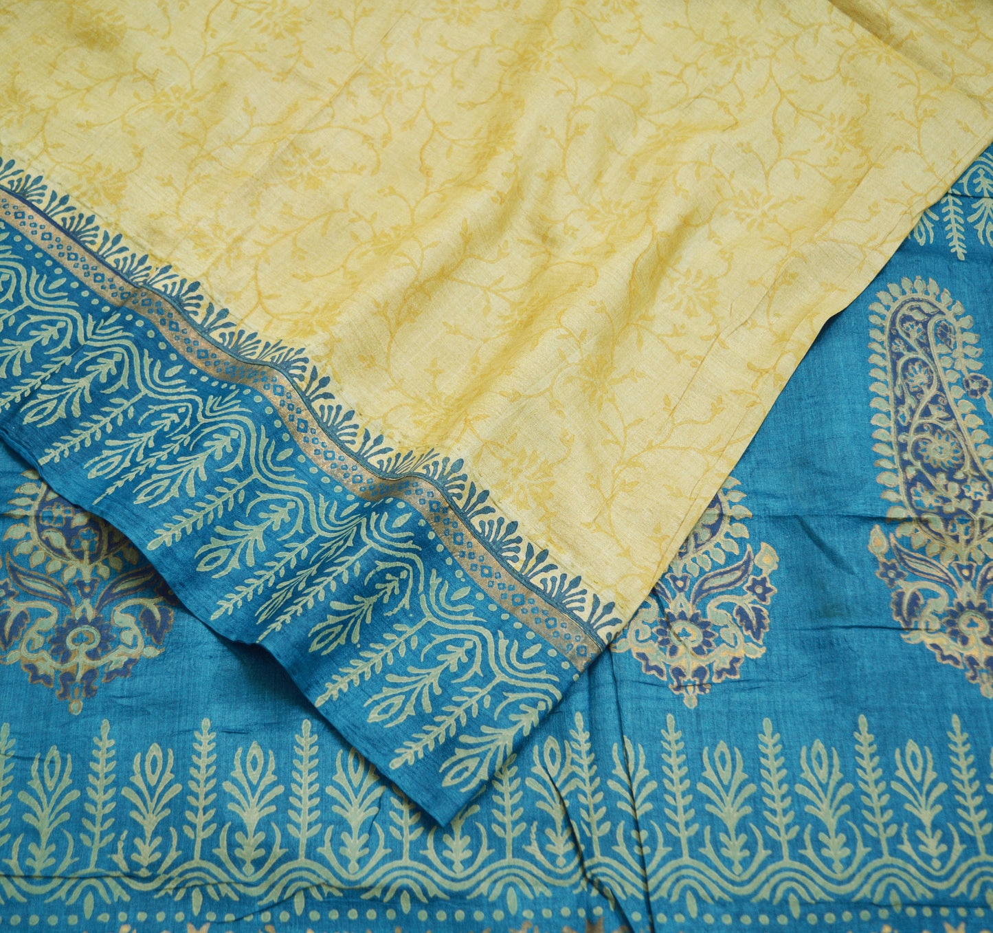 Indian Vintage Blue & beige Saree Pure Khadi Silk Handloom Hand Printed/Printed Indian Sari Fabric 5yard Ethnic Wear Sari