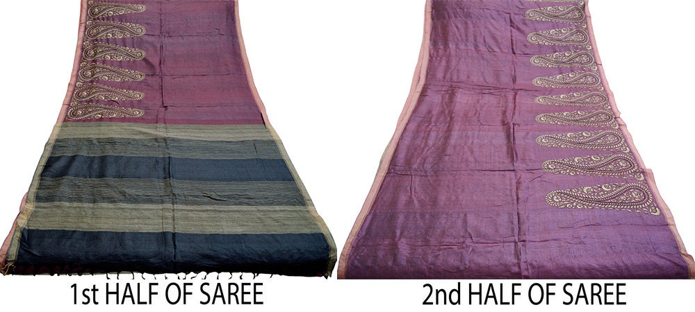 Indian Vintage Purple Saree Pure Khadi Silk Handloom Hand Beaded Indian Sari Fabric 5yard Ethnic Fringes