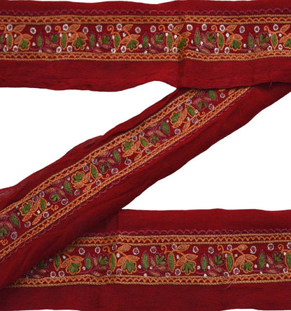 Indian Vintage Red Sari Border Hand Embroidered Indian Craft Trim Lace Sewing Sari Ribbon Pure Crepe silk