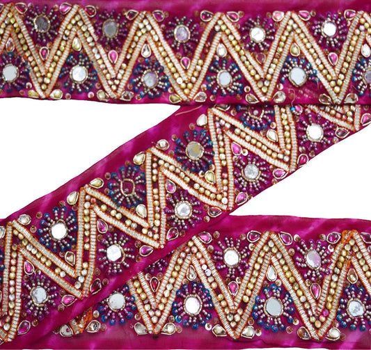 Indian Vintage Pink Sari Border Hand Embroidered Gota Patti Indian Craft Trim Lace Sewing Pure Georgette Silk Ribbon Recycled Sari Border