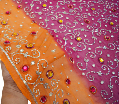 Indian Vintage Orange & Purple Dupatta Pure Georgette silk Long Stole Hand Embroidered Scarves Stole Veil Wrap Sequins