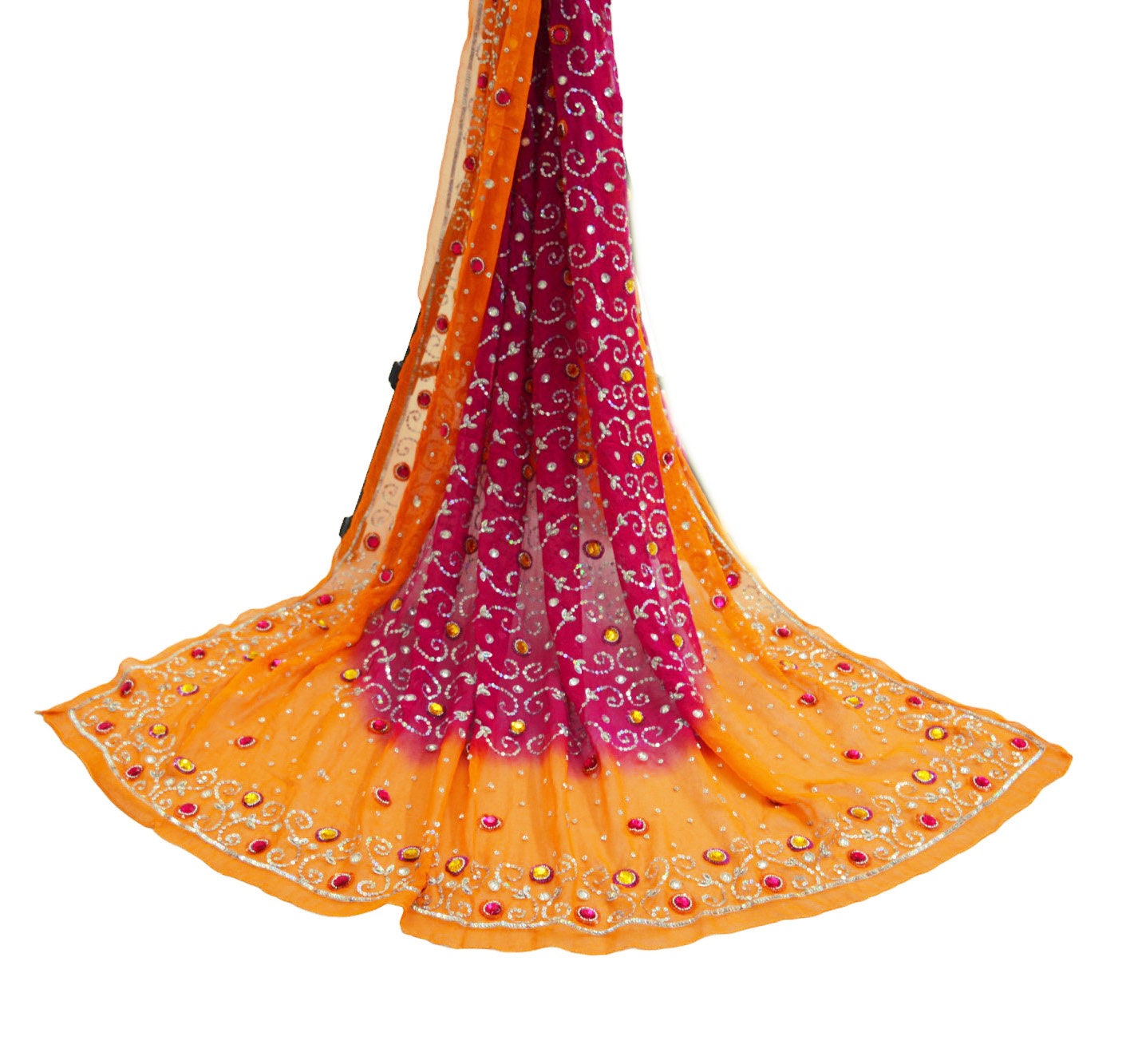 Indian Vintage Orange & Purple Dupatta Pure Georgette silk Long Stole Hand Embroidered Scarves Stole Veil Wrap Sequins