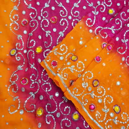 Indian Vintage Orange & Purple Dupatta Pure Georgette silk Long Stole Hand Embroidered Scarves Stole Veil Wrap Sequins