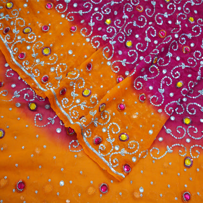 Indian Vintage Orange & Purple Dupatta Pure Georgette silk Long Stole Hand Embroidered Scarves Stole Veil Wrap Sequins