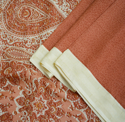 Vintage Sari Ivory & Orange Pure Silk Printed Saree Fabric 6yard Sewing Peacock Soft Dress Designing for Crafting