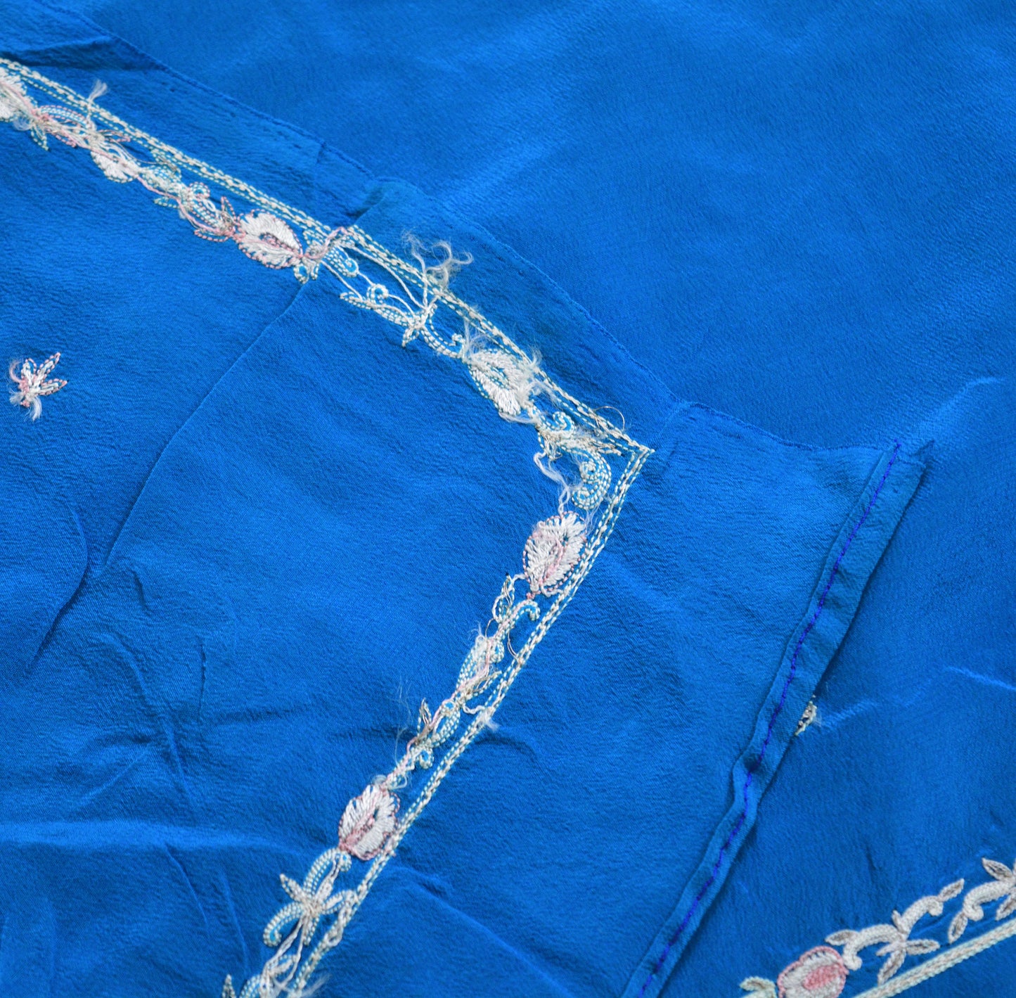 Indian Vintage Blue Dupatta Long Stole Pure Crepe Silk Embroidered Indian Scarves Veil Scarf Wrap Hippie Boho