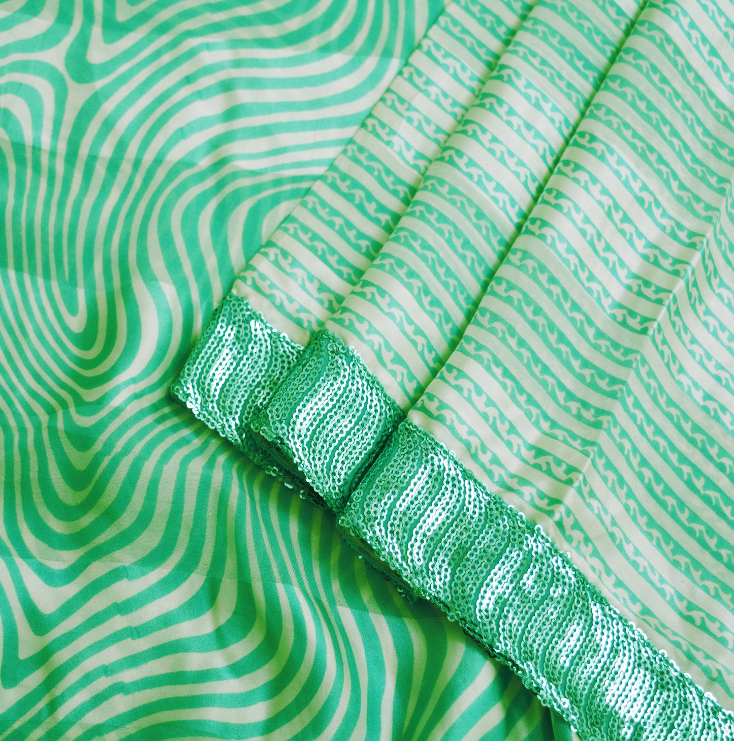 Indian Green & White Vintage Dupatta Long Stole Printed Pure Georgette Silk Indian Scarves Veil Wrap Soft Sequins