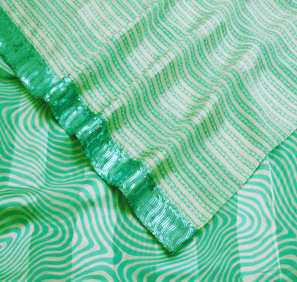 Indian Green & White Vintage Dupatta Long Stole Printed Pure Georgette Silk Indian Scarves Veil Wrap Soft Sequins