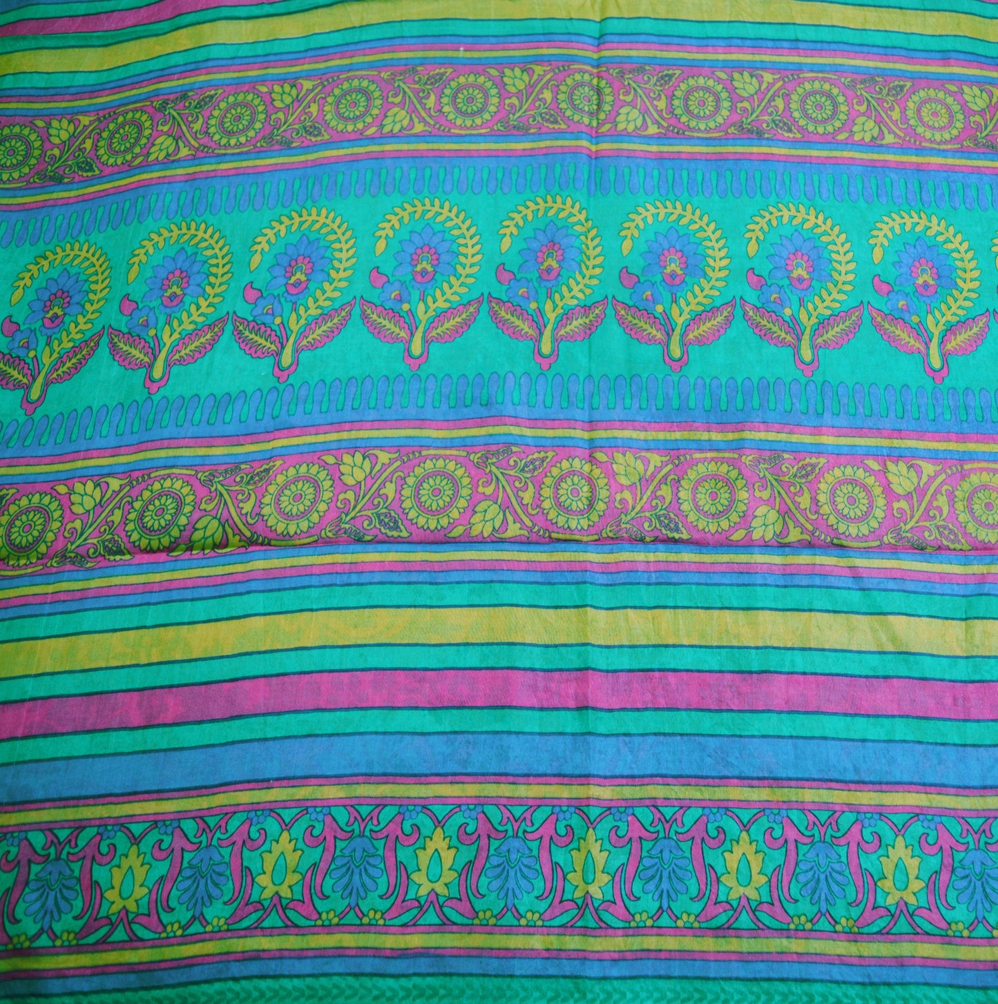 Indian Vintage Sari Green Pure Silk Printed Saree Fabric 5yd Sewing Craft DressMaking  Soft Floral Design