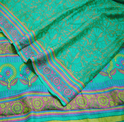 Indian Vintage Sari Green Pure Silk Printed Saree Fabric 5yd Sewing Craft DressMaking  Soft Floral Design